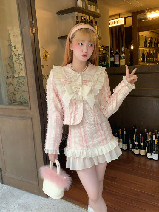 Picnic Girl Pink Ruffled Fall Sweet Jacket Mini Skirt Two Piece Set
