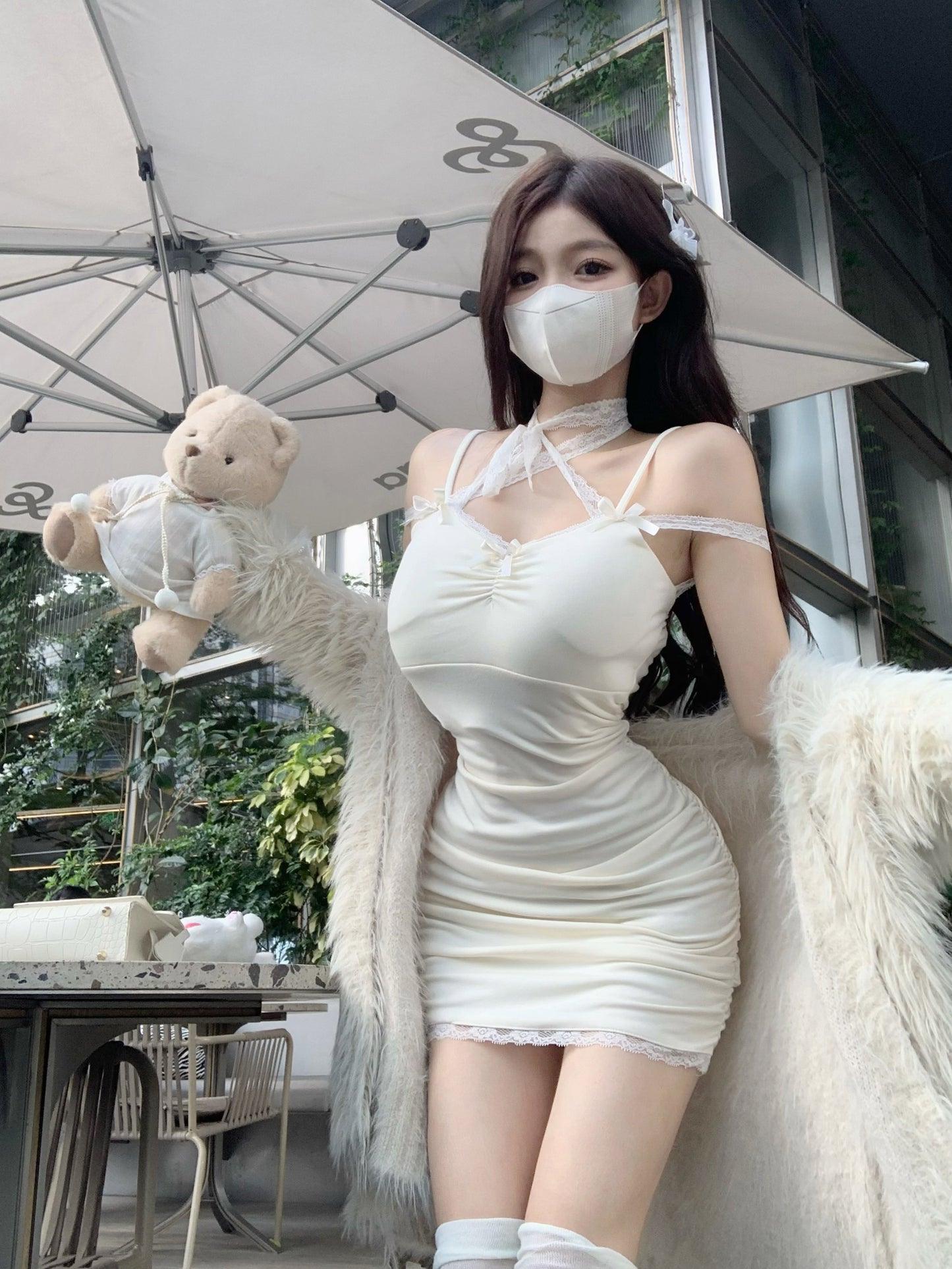 Sexy Bodycon White Strap Dress & Winter Fur Jacket Two Piece Set