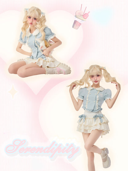 Serendipity Coquette Bear Doll Collar Blue Puff Sleeve Shirt & White Tutu Mini Skirt Two Piece Set