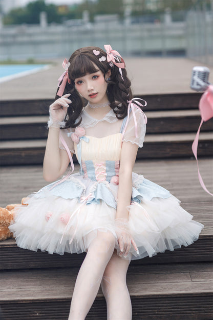 Lolita Rose Peach Blue Ruffled Princess Strap Dress