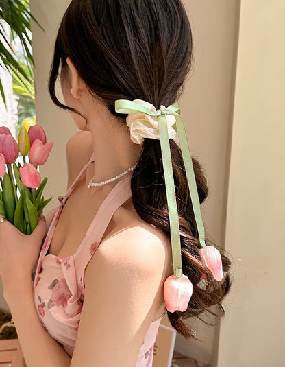 Sweet Tulip Flower Pink Beige Hair Tie Hair Accessories