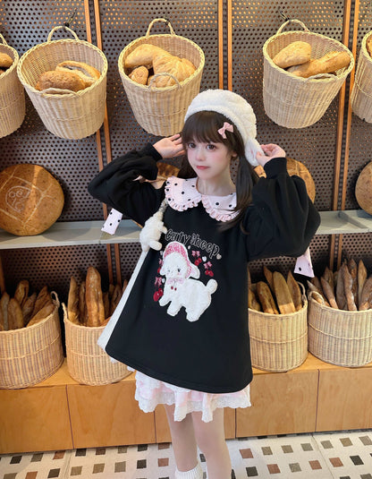 Cherry Sheep Embroidery Black Polka Dot Pink Bow Sweatshirt