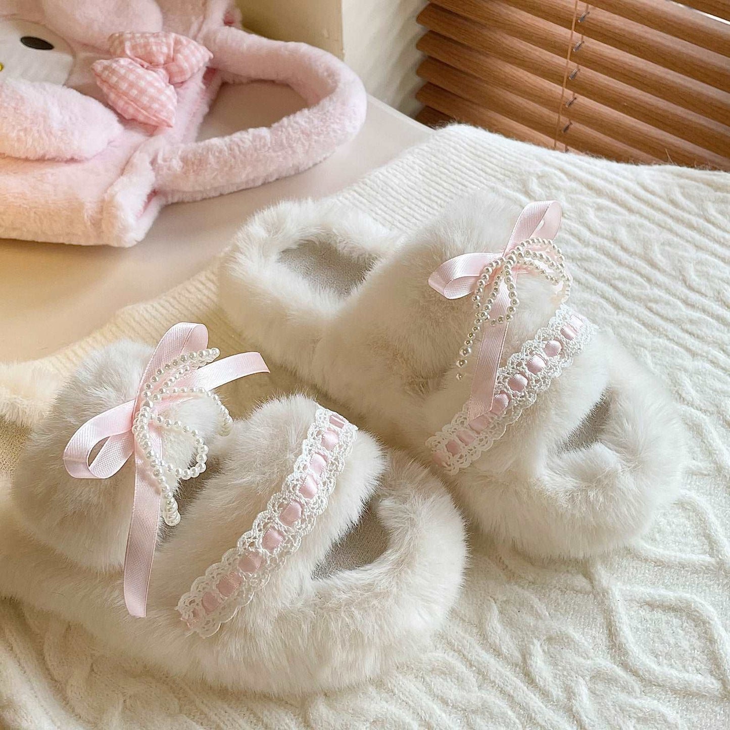 Coquette Pink Bow Lace Pearls Fluff Slippers Shoes