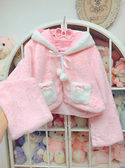 Candy Fairy Rabbit Ears Pastel Pink Blue Pompom Winter Hooded Jacket