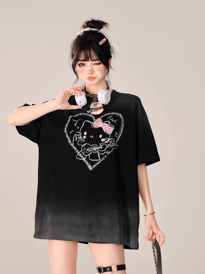 Young Eyes Guitarist Rocker Kitty Gray Pink Oversize T-Shirt Top