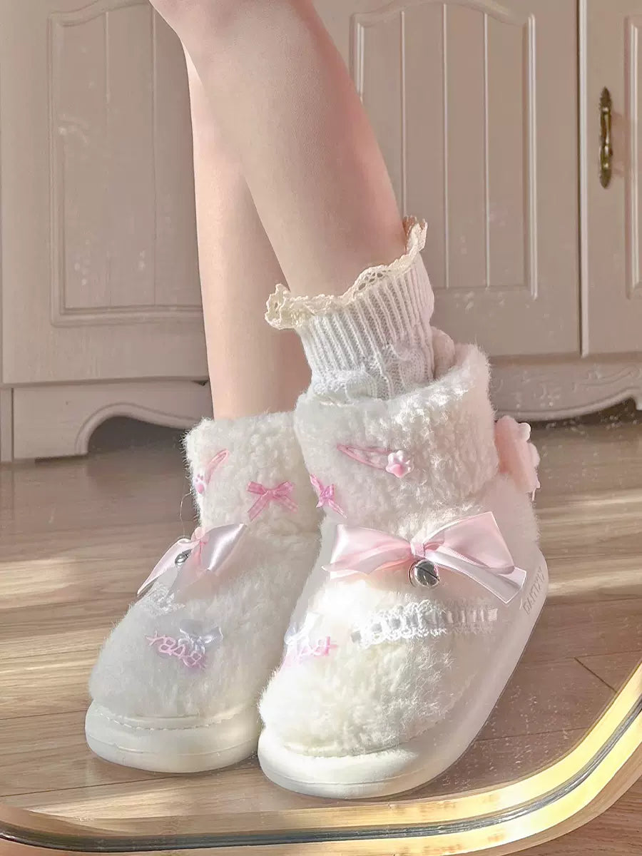 Pinky Cute Winter Plush Pink Bow Baby Lace White Snow Boots Shoes