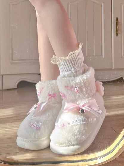 Pinky Cute Winter Plush Pink Bow Baby Lace White Snow Boots Shoes