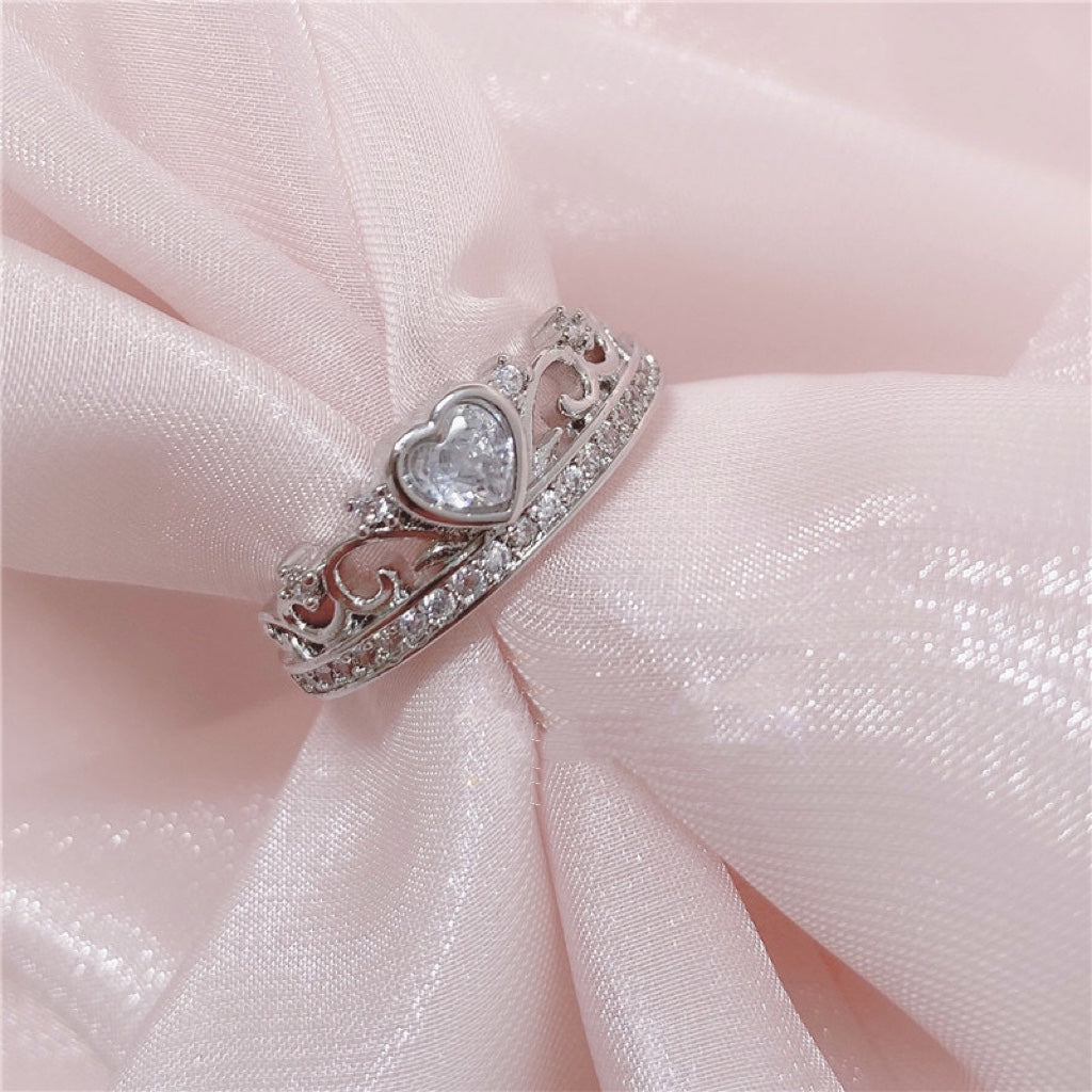 Pink Silver Love Bow Rhinestone Diamond Crown Ring Collection Set Accessories Jewerly