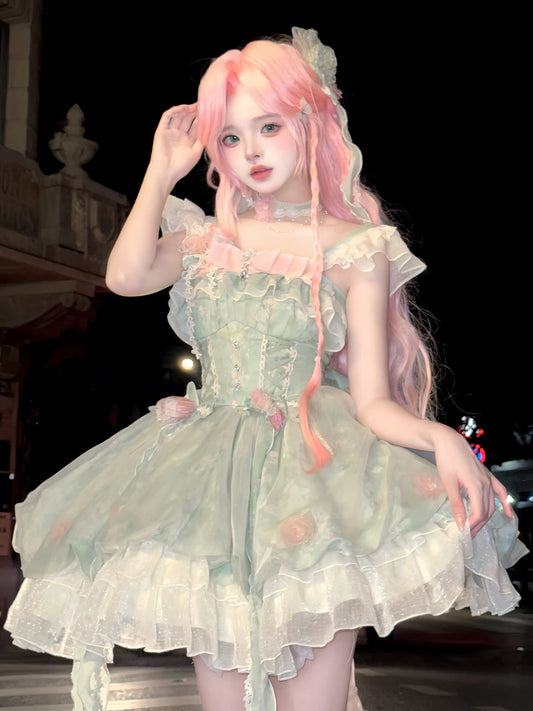 Platycodon Girls Spring Forest Fairy Pink Green Lolita Dress