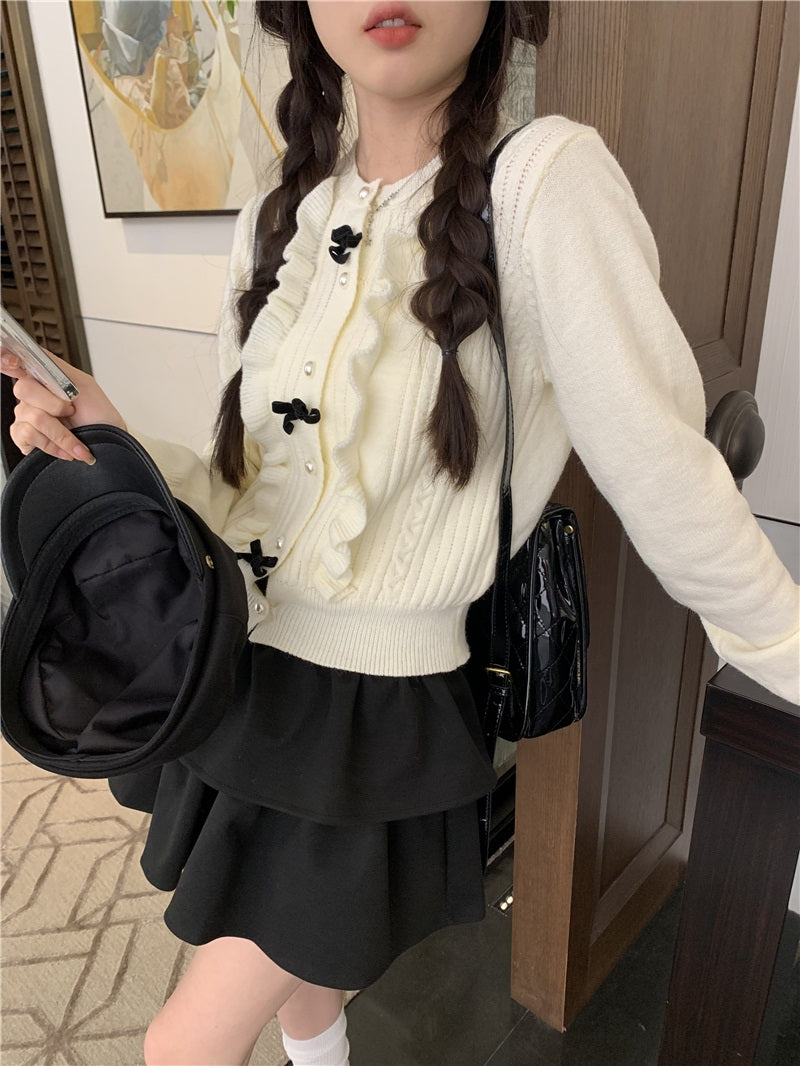 Coquette Princess Autumn Lace Bow Knit Black White Sweater