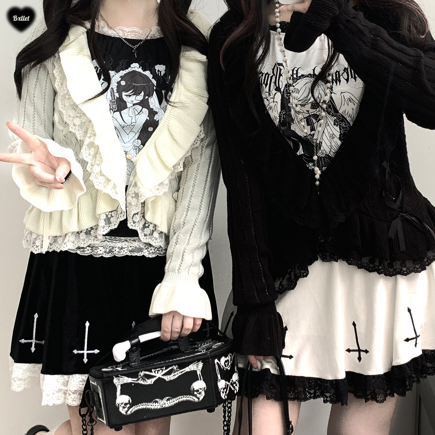 Kitten Bullet Jirai Kei Holy Cross Black White Velvet Skirt