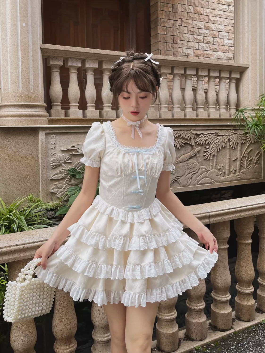 Ruellia Cream Cake Ruffled Puff Sleeve Dress