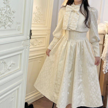 Ruellia Winter Socialite Lady Floral Print White Bow Dress & Bow Jacket Cardigan Two Piece Set