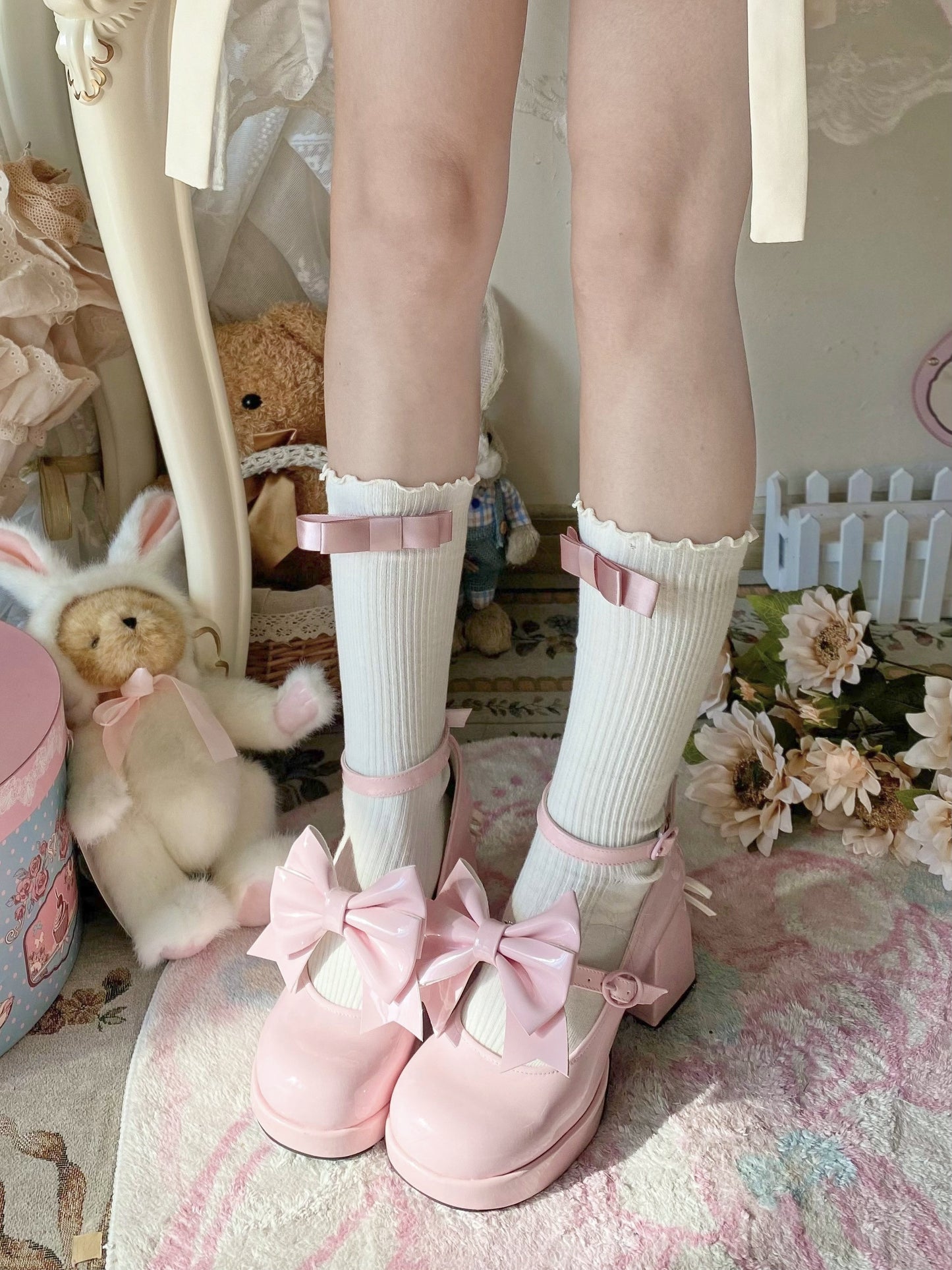 Love Letter Heart Track Lolita Black White Pink Blue Bow High Heels Shoes