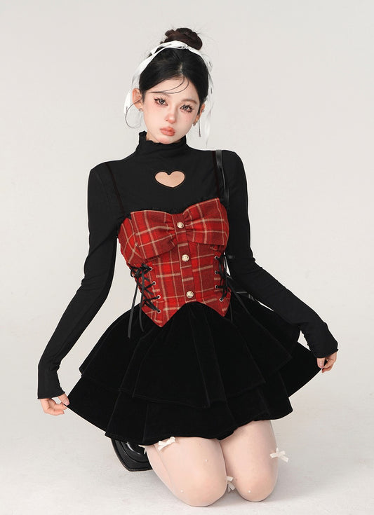 Young Eyes Winter Black Hollow Heart Shirt & Red Plaid Velvet Strap Dress Two Piece Set