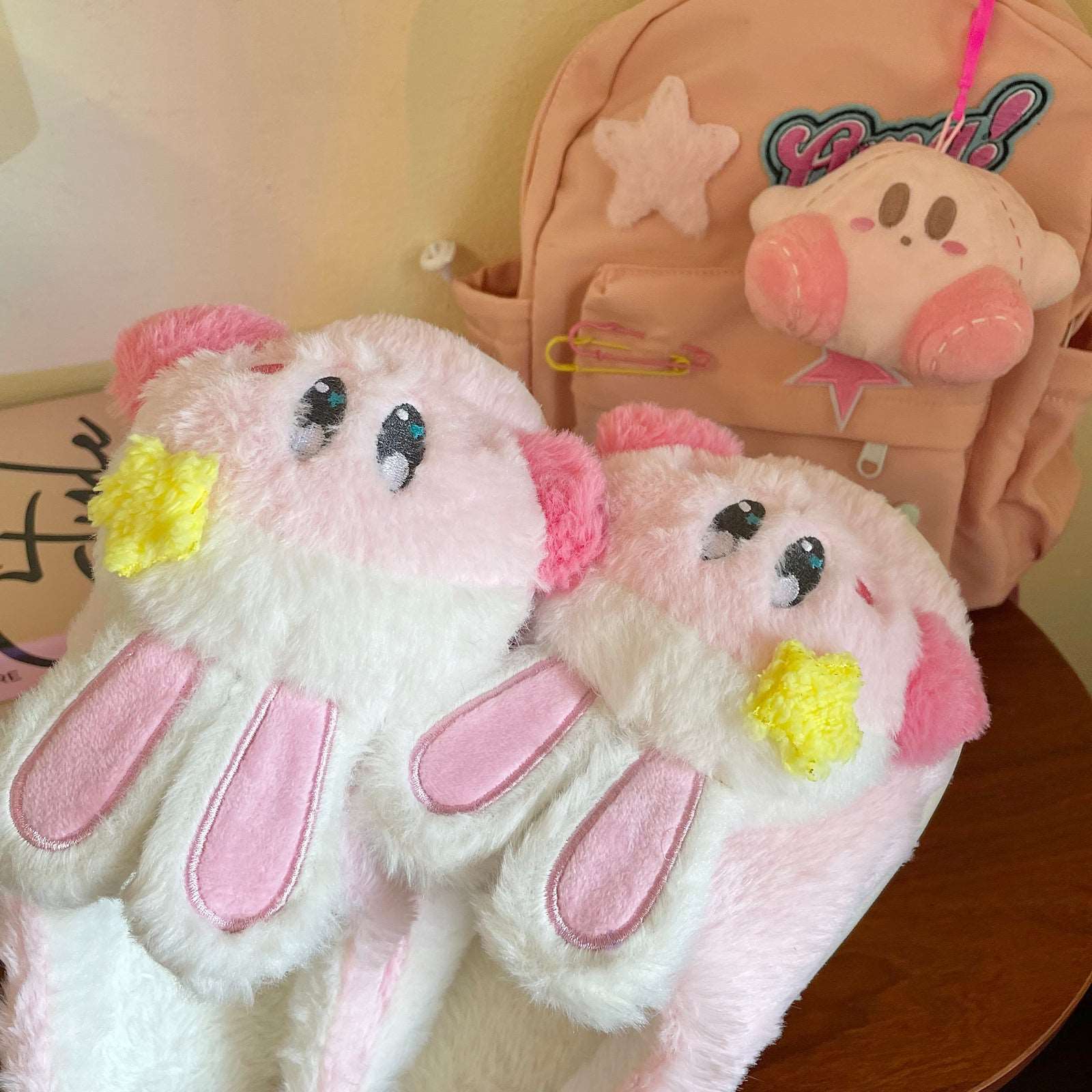 Cartoon Rabbit Ears Stars Pink Plush Fluff Slippers Shoes