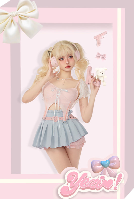 Serendipity Coquette White Sheer Little Cardigan & Pink Sexy Strap Camisole & Blue Pleated Mini Skirt Three Piece Set