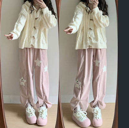 Three Stars Loose Casual Slit Corduroy Pants