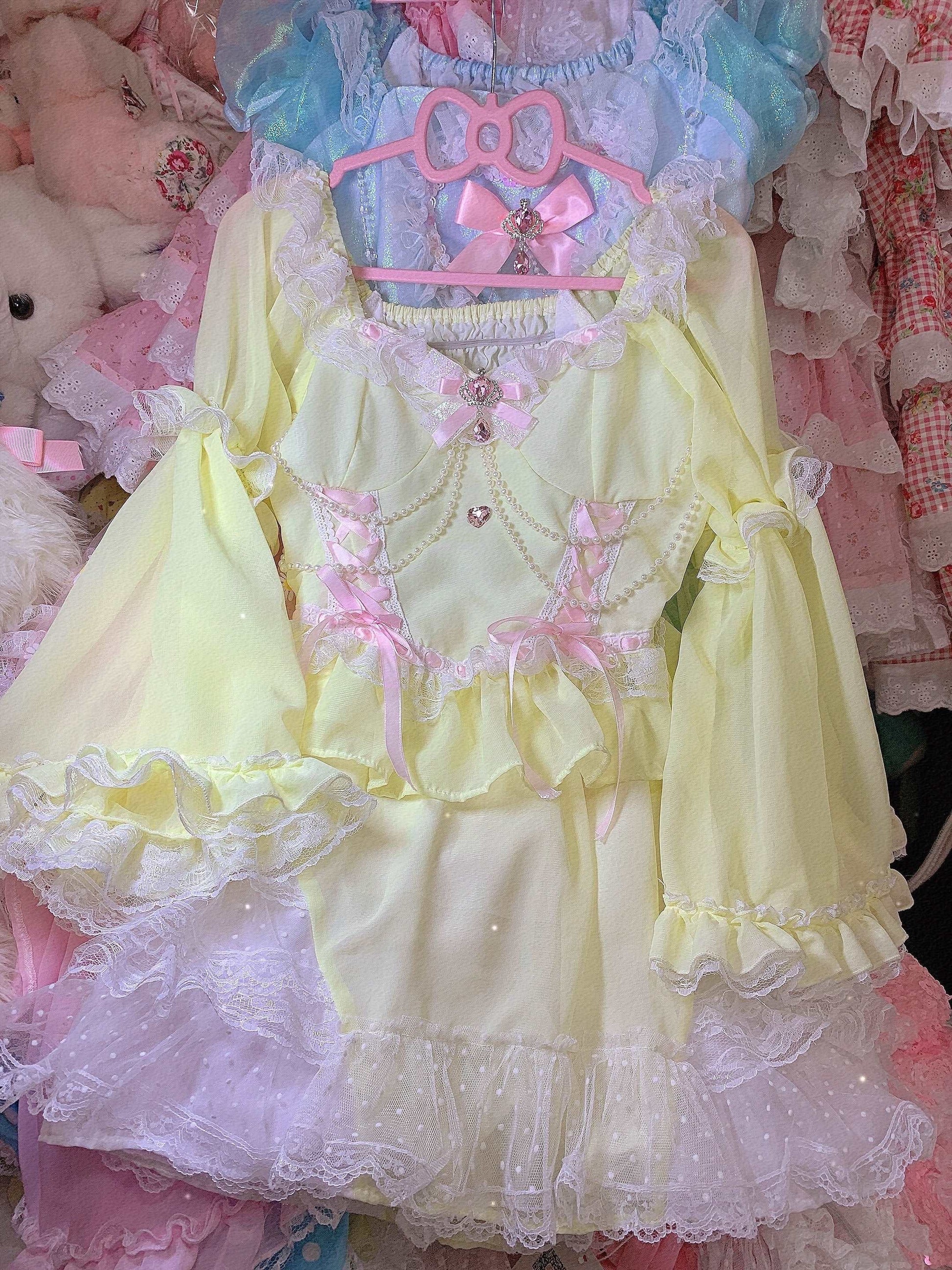 Candy Fairy Yellow Diamond Trumpet Sleeve Shirt Top & Ruffled Skirt Two Piece Set