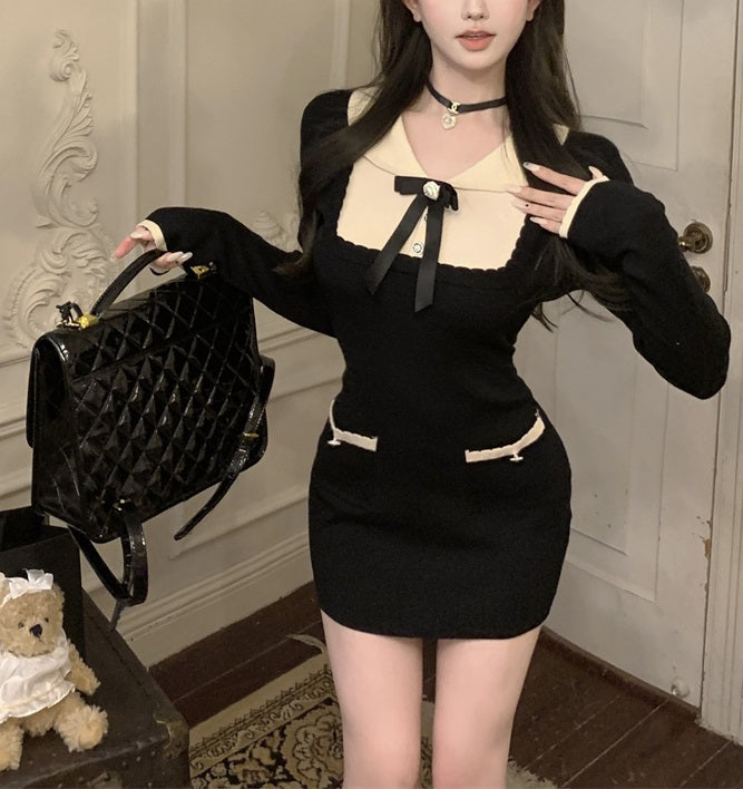 Lady Luxury Chic Autumn Winter Bow Knit Black Dress