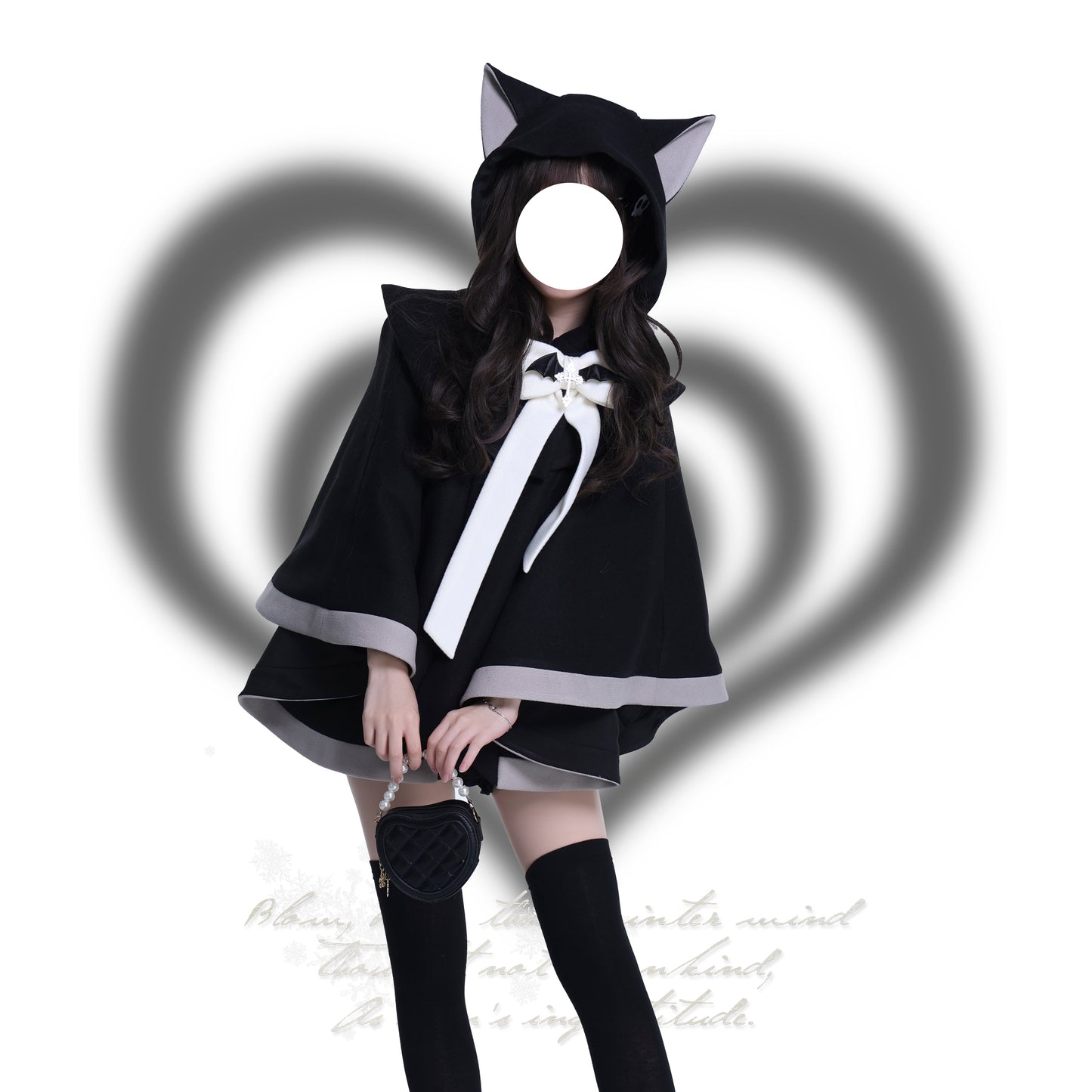 Platycodon Cat Ears Cake Pink Black Wool Cape Coat