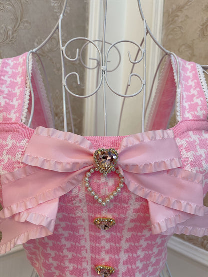 Sweetheart Princess Bow Pink Houndstooth Camisole Tank Top