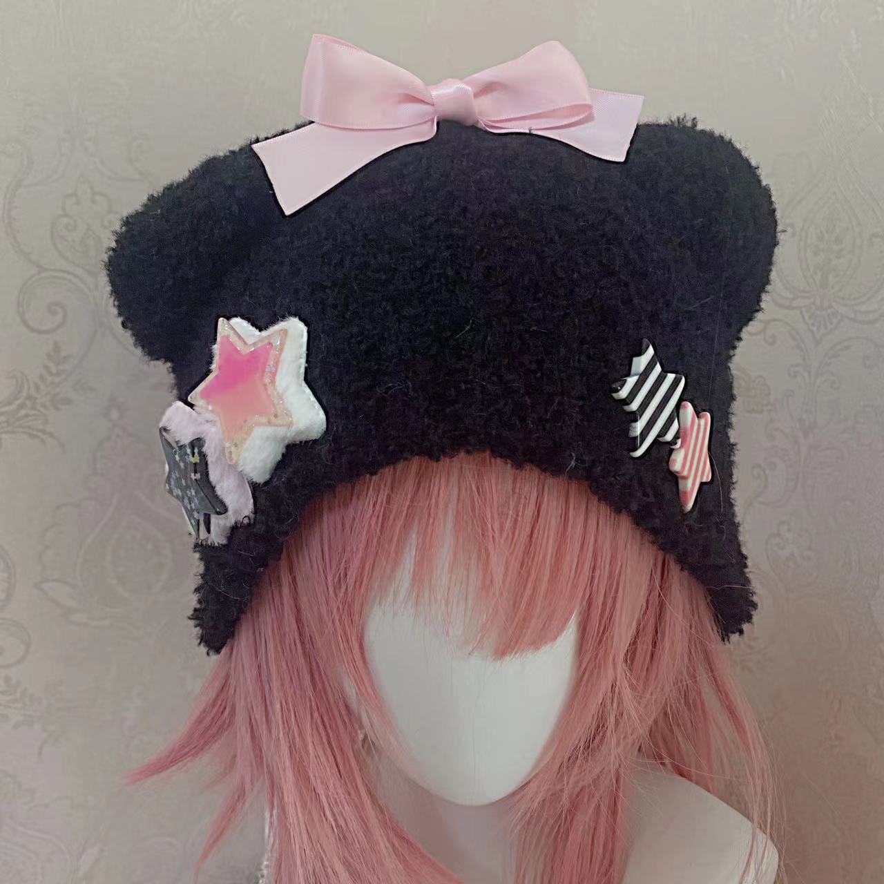 Y2K Lolita Handmade Knit Star Bow Bear Ears Cute Winter Hats Beanie