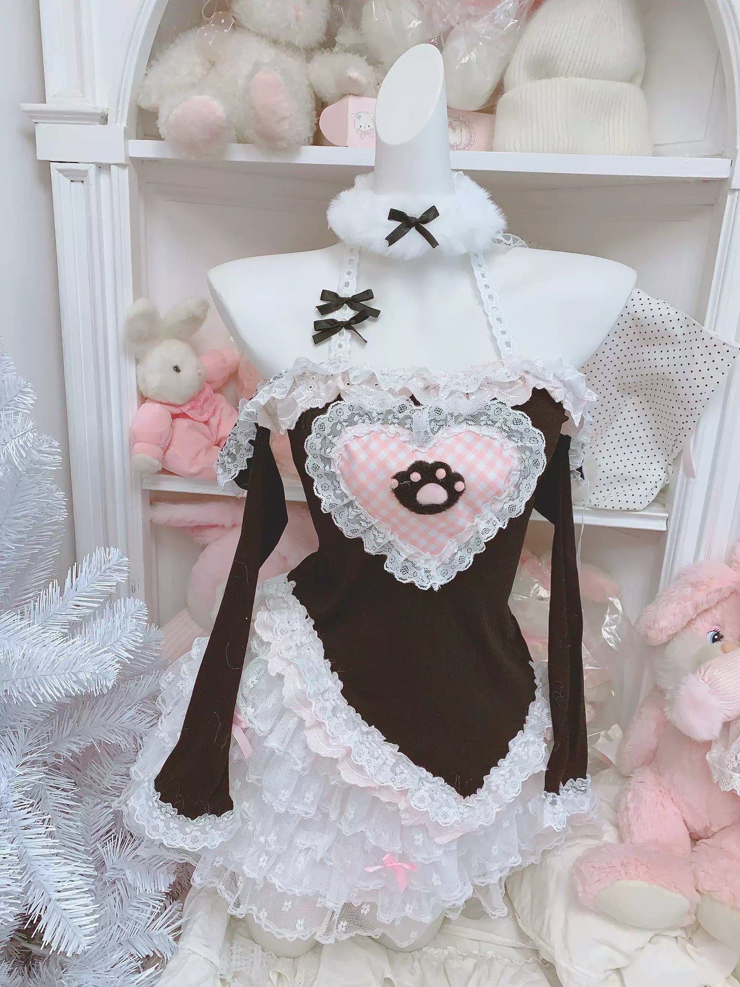 Candy Fairy Black Paw Top & White Ruffle Skirt Two Piece Set