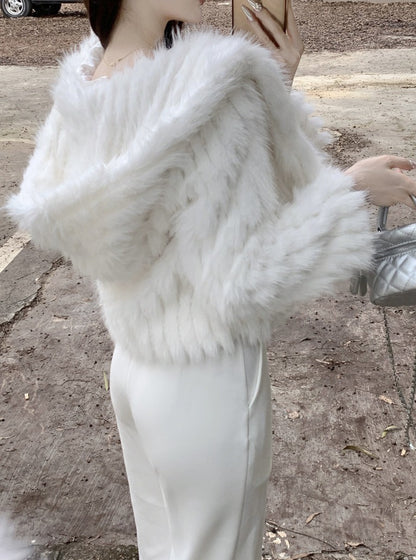 Winter Luxury Chic Faux Fur Hooded White Short Coat