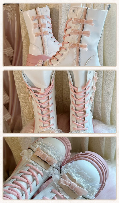 Pinky Princess Pink Bow Lace Coquette Winter White High Boots Shoes