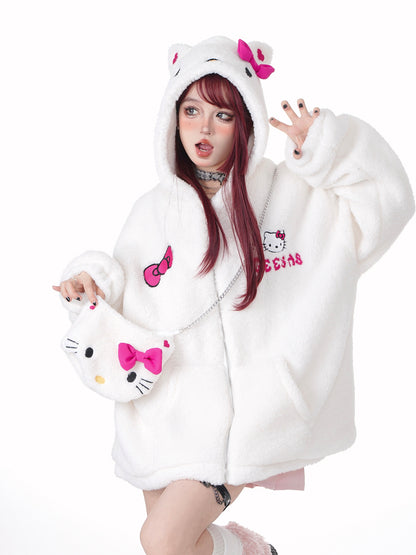 Young Eyes Cute Kitty Cat Pink Black White Y2K Plush Oversize Hoodie Jacket