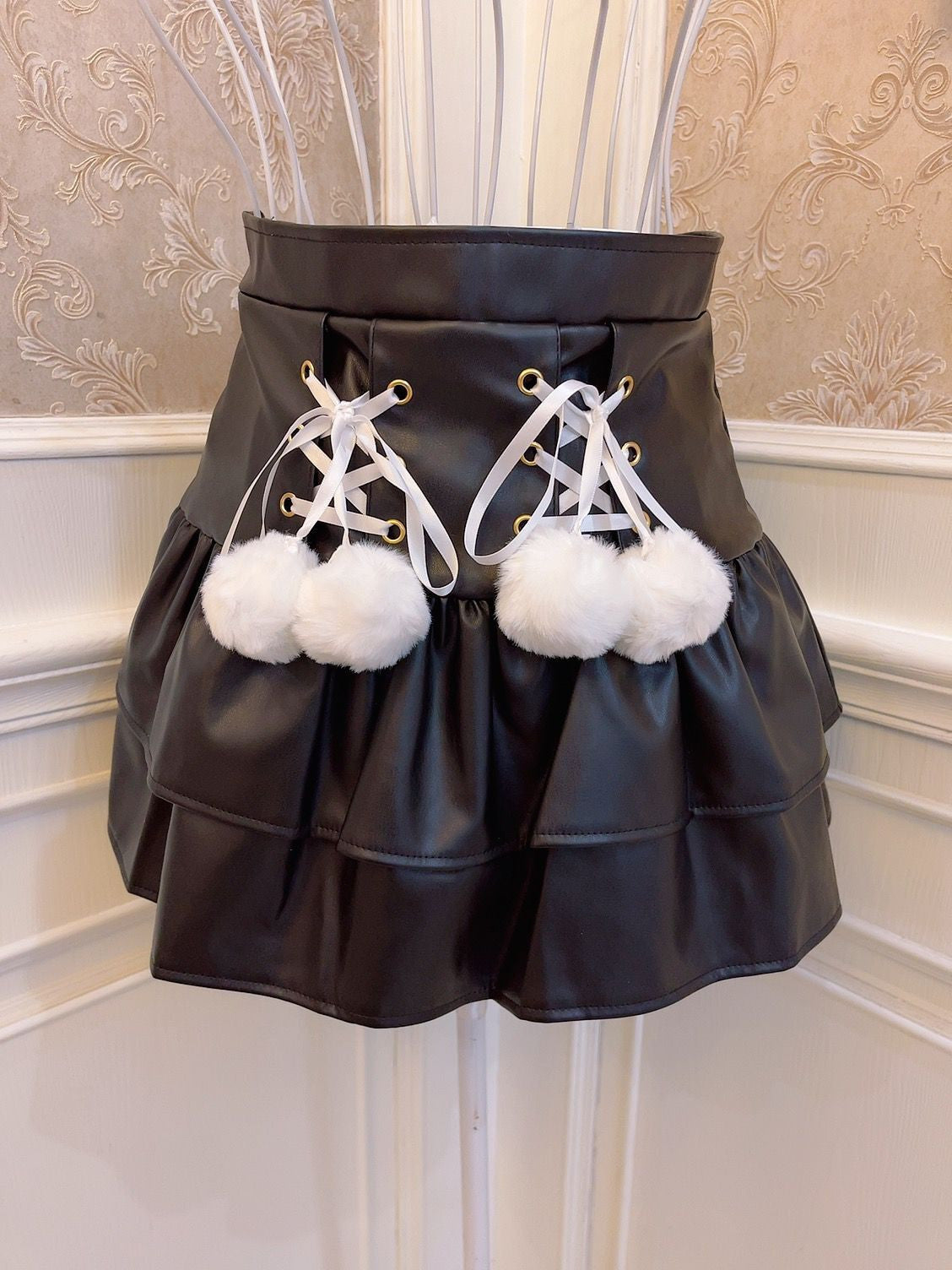 Sweetheart Princess Furball Ruffled PU Leather Pink White Black High Waist Mini Skirt