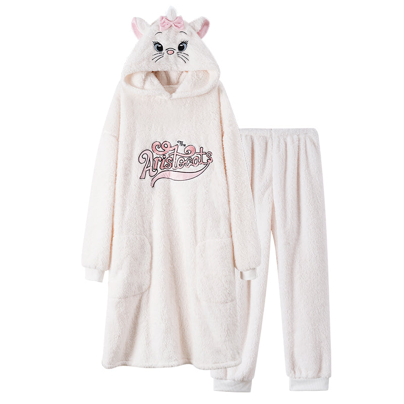 Marie Cat White Thick Plush Fleece Winter Pajamas Hooded Bathrobe & Pants