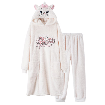 Marie Cat White Thick Plush Fleece Winter Pajamas Hooded Bathrobe & Pants
