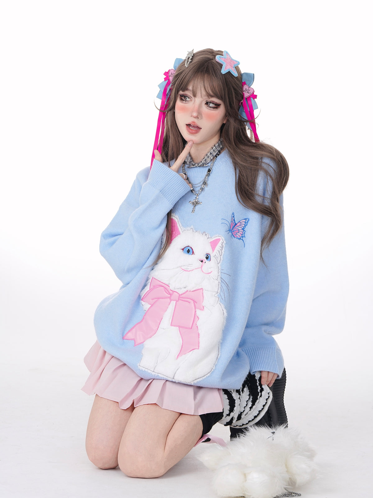 Young Eyes Cat With Bow Print Pullover Knitted Embroidery Oversize Sweater