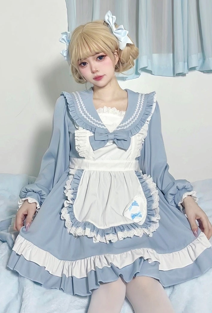 Serendipity Lolita Cosplay Blue & Pink Lace Ruffled Apron Maid Dress