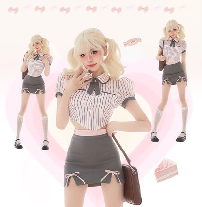 Serendipity College Girl Style Striped Pink Gray Shirt & Bow Mini Skirt Two Piece Set