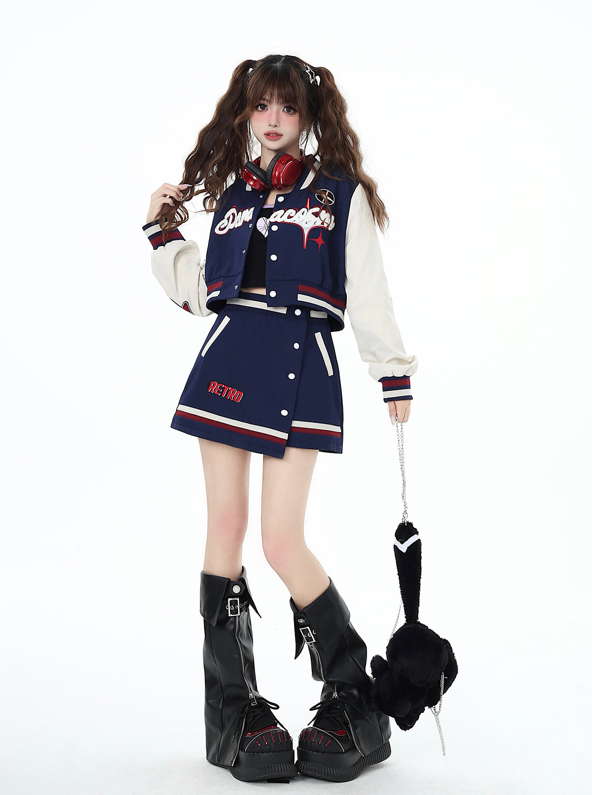 Crazy Girl Navy Blue Retro Baseball Jacket Skirt Two Piece Set