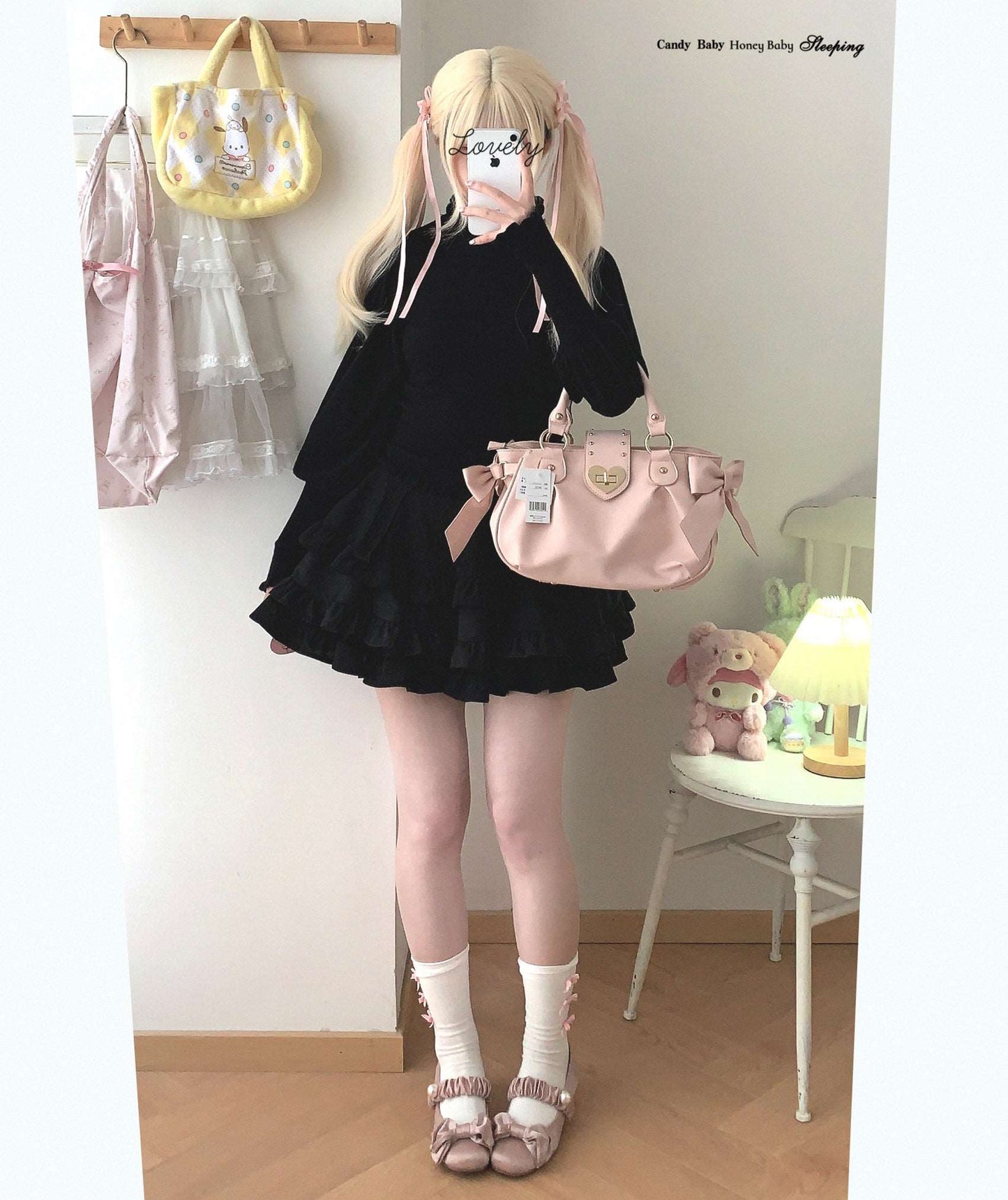 Dormir Doll Lolita Black Pink Cake Corduroy Ruffled Skirt