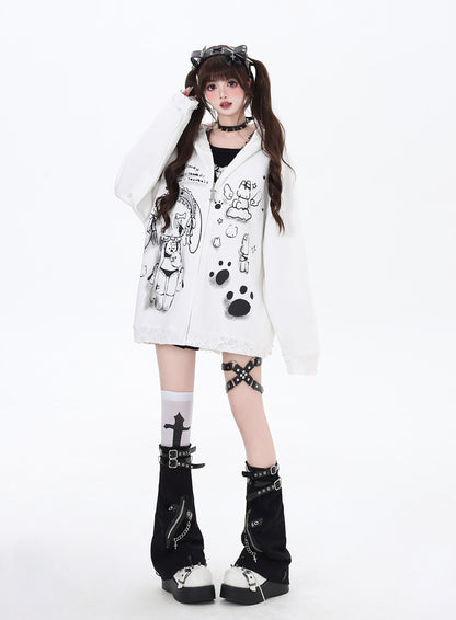 Crazy Girl Sad Anime Girl Black White Rabbit Ears Jacket Hoodie