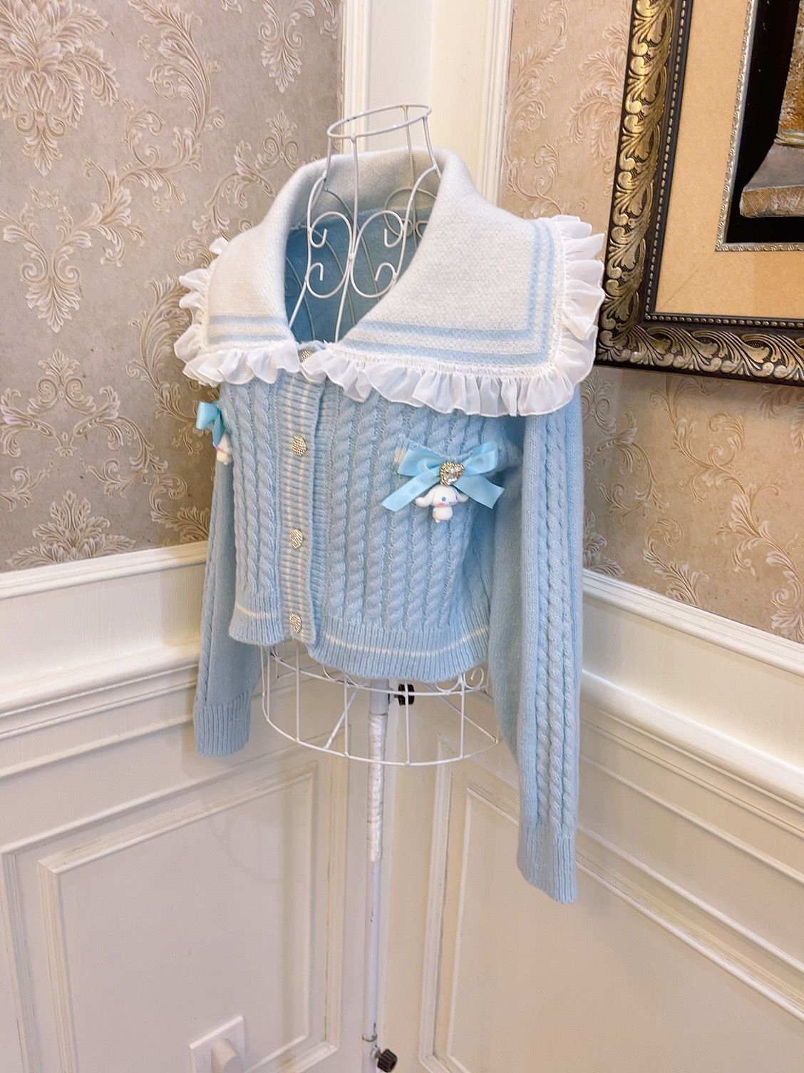 Sweetheart Princess Winter Cute Cinnamon Dog Blue Knit Sailor Collar Lace Sweater Cardigan