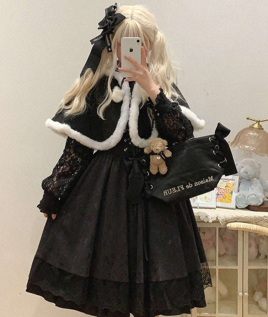 Dormir Doll Winter Lolita Black White Pompom Balls Hooded Cape Cloak