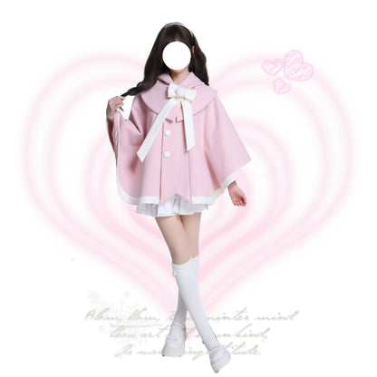 Platycodon Cat Ears Cake Pink Black Wool Cape Coat