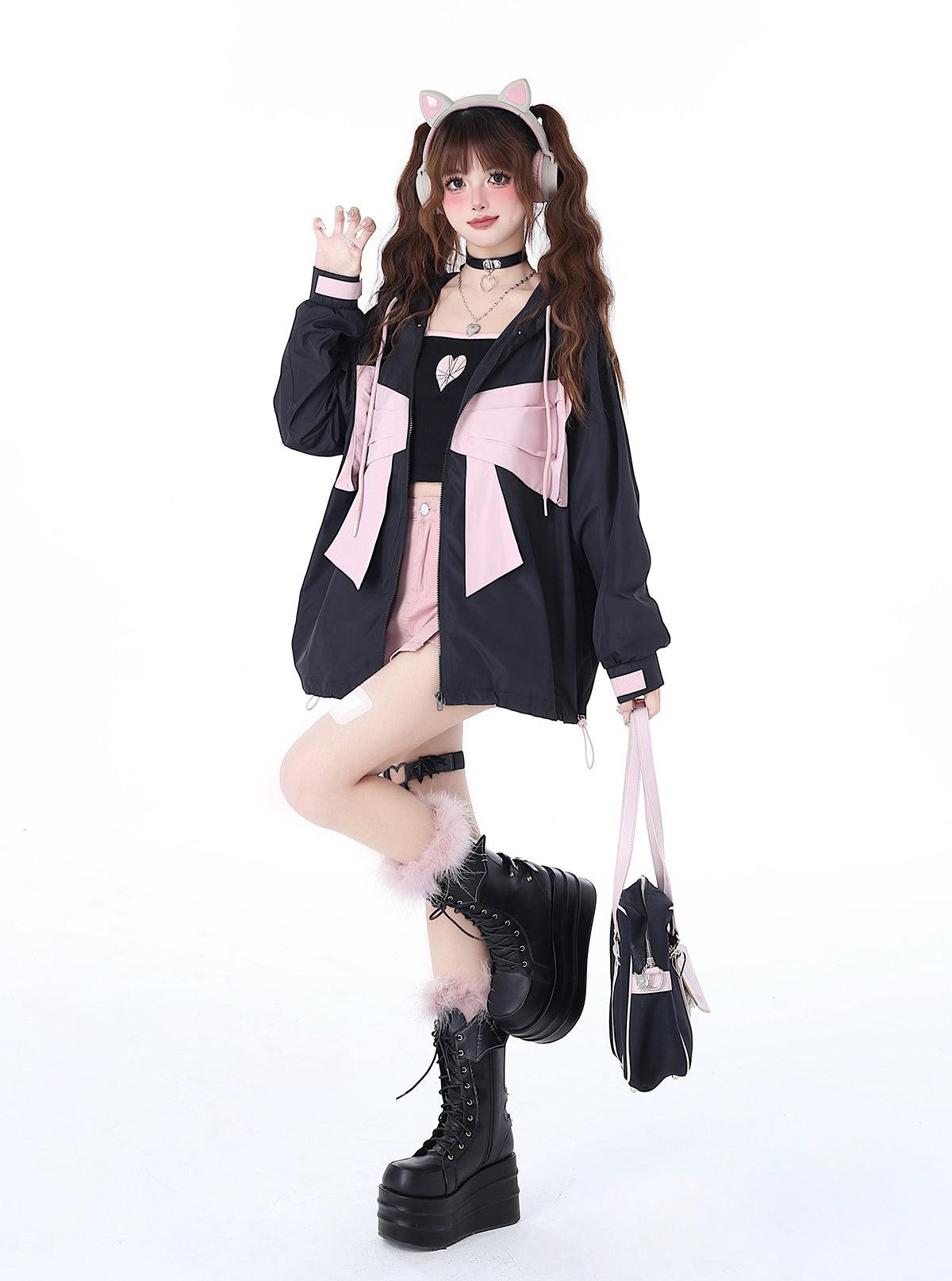 Crazy Girl Mist Bow Cool Black Pink & White Blue Thin Jacket