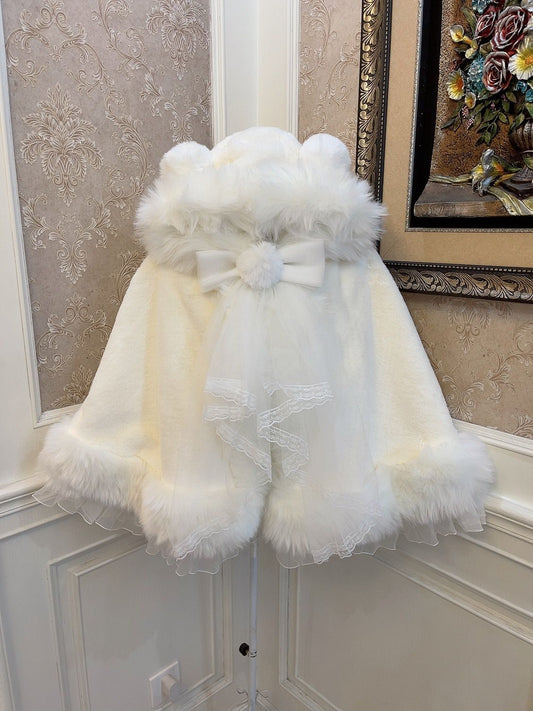 Sweetheart Princess Winter White Polar Bear Ears Fur Hooded Cloak Cape Jacket