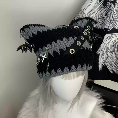 Punk Bat Girl Black White Red Gray Cat Ears Knit Hats