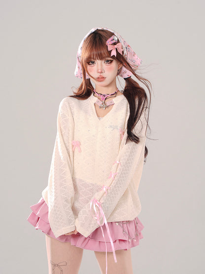 Young Eyes Apricot Bow Pink Cream See Through Knit Sweater Top