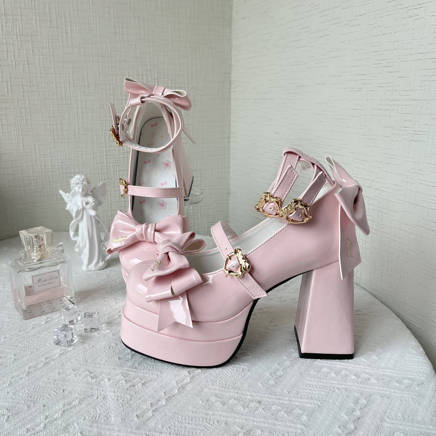 Love Letter Thrill of Love Lolita Black White Pink Blue Green Bow High Heels Shoes