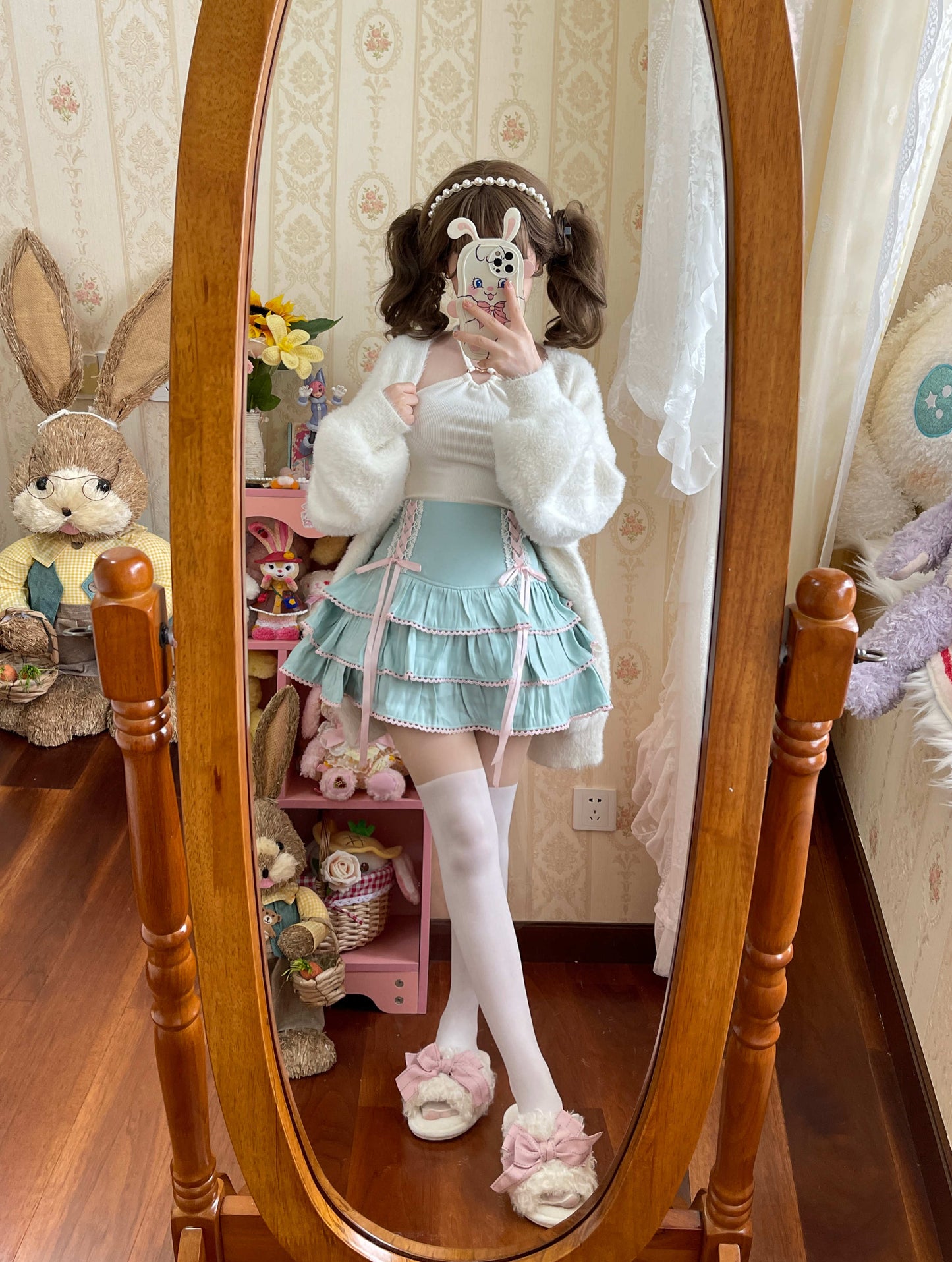 Sweet Colorful Pastel Doll Ruffled Bow Cake Layered Mini Skirt