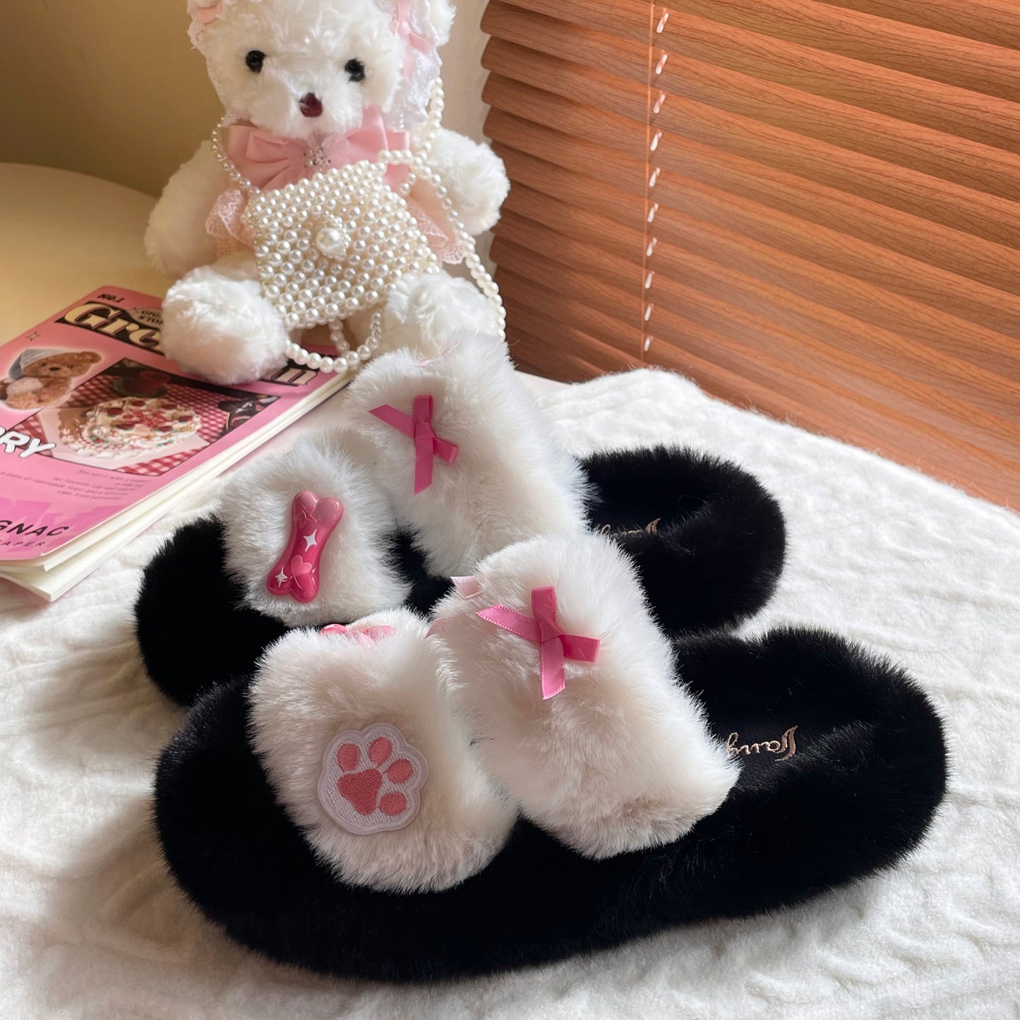 Plush Fluff Dog Paw Bow Furry Winter Shoes Slippers